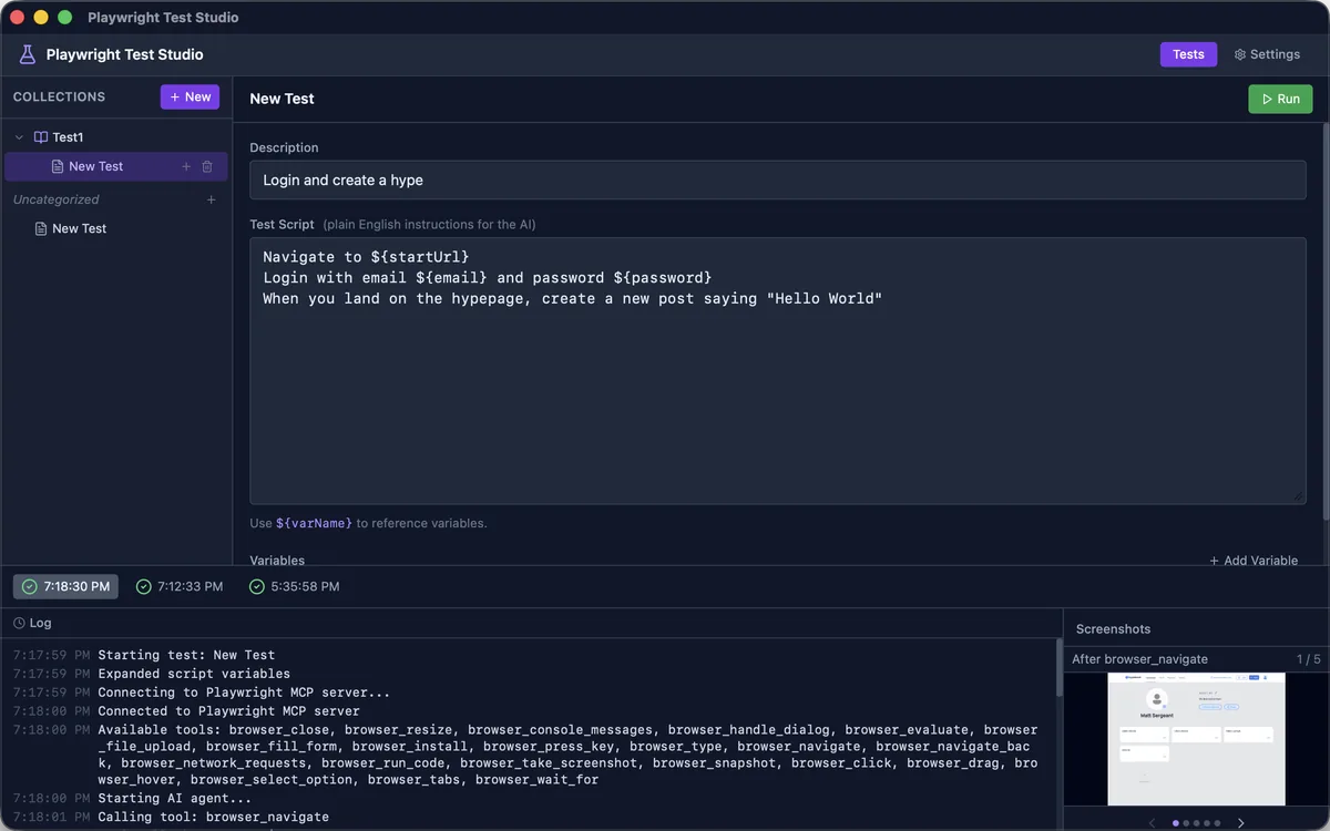 Playwright Test Studio with a plain-English test script and a run log