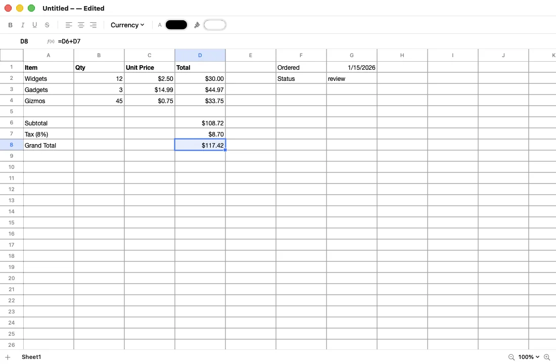 SimpleSpread showing a small invoice sheet with a formula in the formula bar